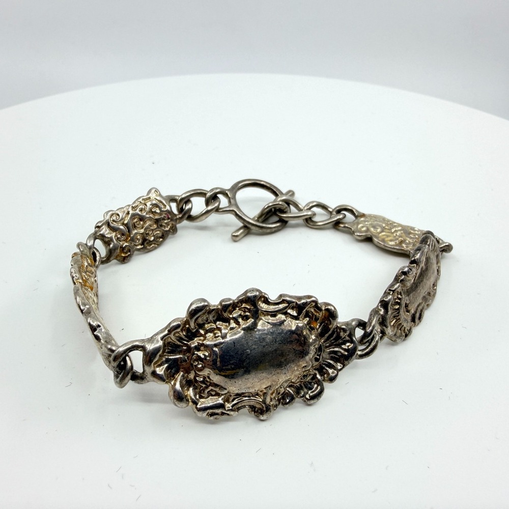 Vintage Silver Tone Repousse Spoon Link Bracelet Boho Retro